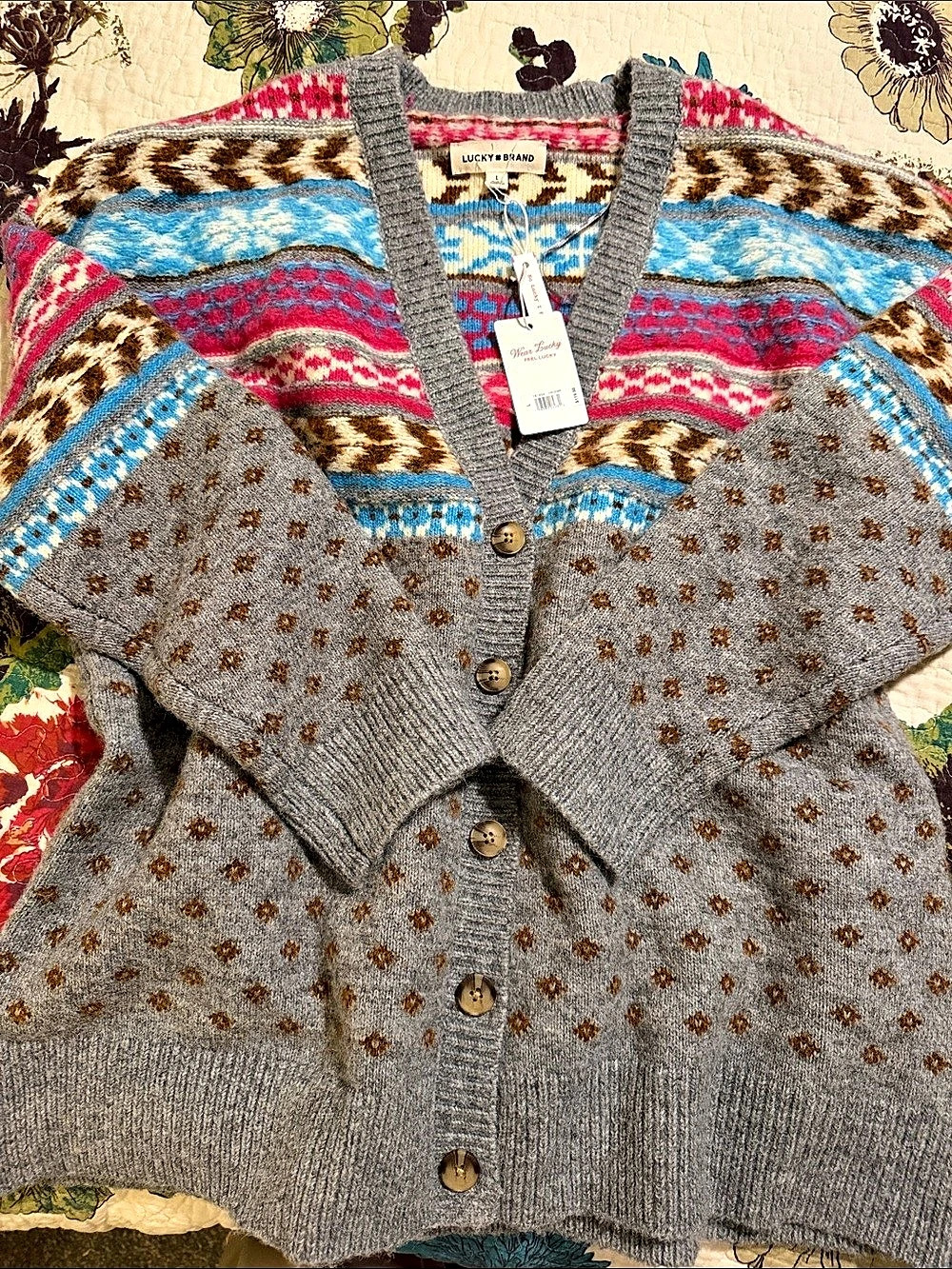 Lucky Brand Fair Isle Cardigan Gray & Blue Size Large